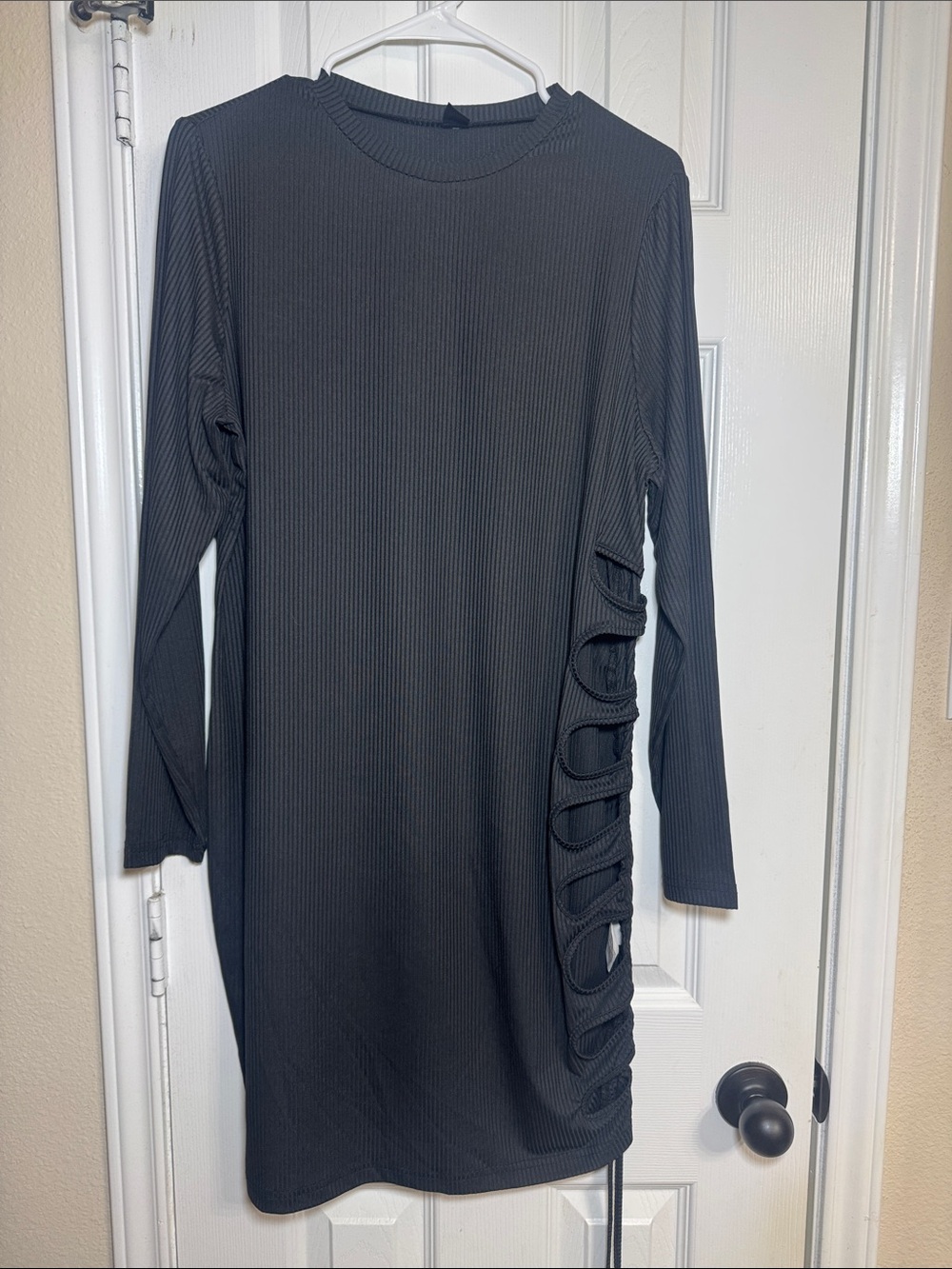 Black Ribbed Side-Cutout Long Sleeve Dress